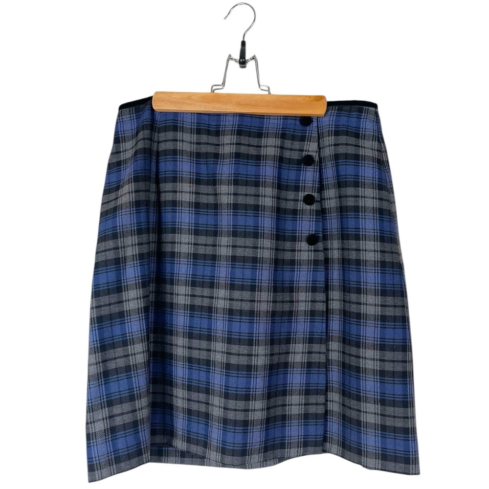 Vintage Villager Sport Blue Grey Black Plaid Faux Wrap Skirt Women’s 12 Academia